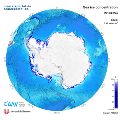Sea-ice concentration in the Antarctic on 24 January 2019.