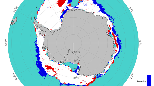 Difference in sea-ice concentration in December 2018 in the Antarctic compared to the long-term average for 1981-2010. 