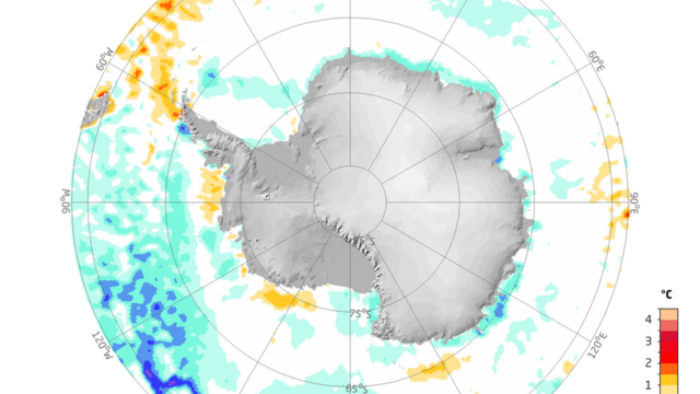 Sea-surface temperature anomalies in the Antarctic in February 2023 compared to the long-term mean for 1971 – 2000.