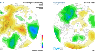 Pressure anomaly at sea level with wind vectors for June (left) and July (right) 2022.