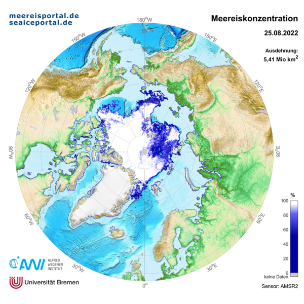 Meereisausdehnung am 25. August in der Arktis.