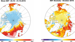 Meeresoberflächentemperaturen und Anomalien der letzten Oktoberwoche 2016 Arktis.