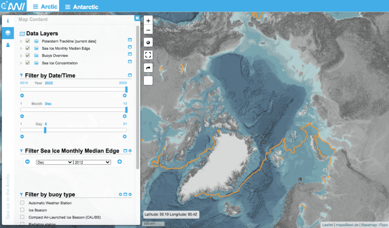 Screenshot des WebGIS, Auswahlmenü links, Karte rechts