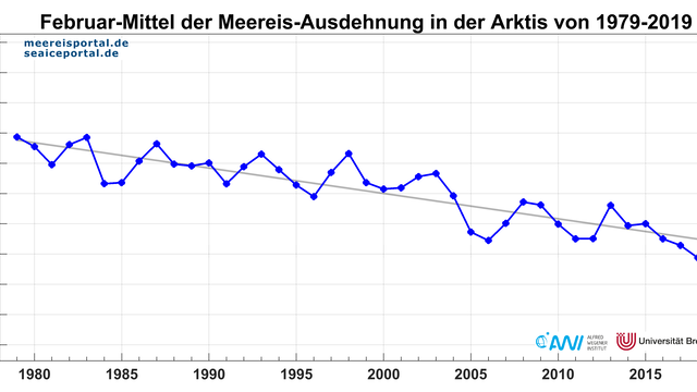 Monatsmittelwerte der Meereisausdehnung im Februar in der Arktis der Jahre 1979-2019.