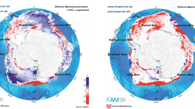 Differenz der Meereiskonzentration im November 2016 gegenüber dem Langzeitmittel 1981-2010 (links) sowie gegenüber November 2011, der bisher zweitniedrigsten Meereisausdehnung im November in der Antarktis.