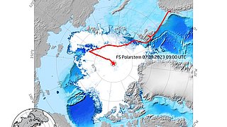 Meereisausdehnung in der Arktis und Verlauf der Polarstern-Expedition PS138, die am 07.09.2023 den Nordpol erreichte.