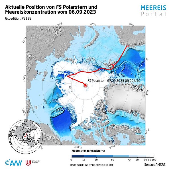 Meereisausdehnung in der Arktis und Verlauf der Polarstern-Expedition PS138, die am 07.09.2023 den Nordpol erreichte.