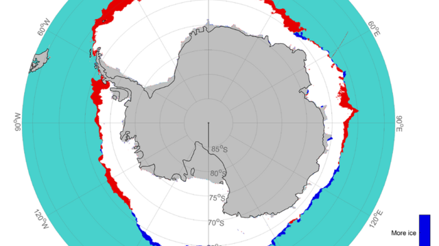 Difference in the mean position of the Antarctic ice margin in June 2022, compared to the long-term average for the years 2003 – 2014. 