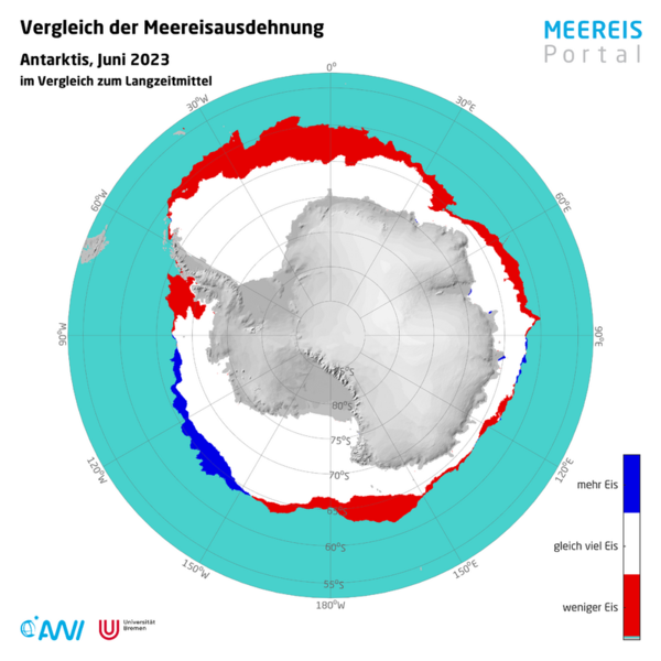 Differenz der mittleren Eiskantenposition in der Antarktis im Juni 2023 im Vergleich zum langjährigen Mittel der Jahre 2003 - 2014.