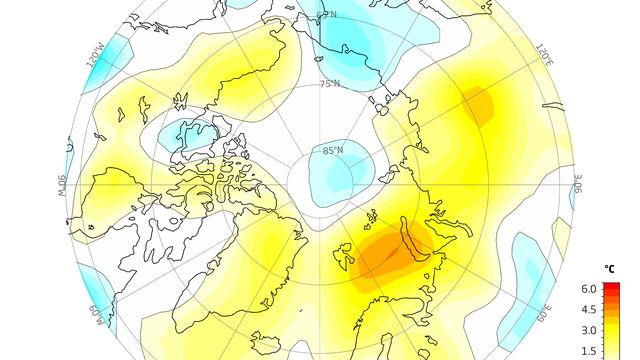 Temperaturanomalie in °C auf 925 hPa Druckniveau im August 2023 in der Arktis im Vergleich zum Langzeitmittel 2013-2022.