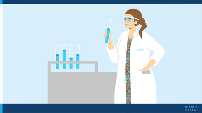 Illustration einer Forscherin mit Reagenzglas in der Hand in Laborumgebung 