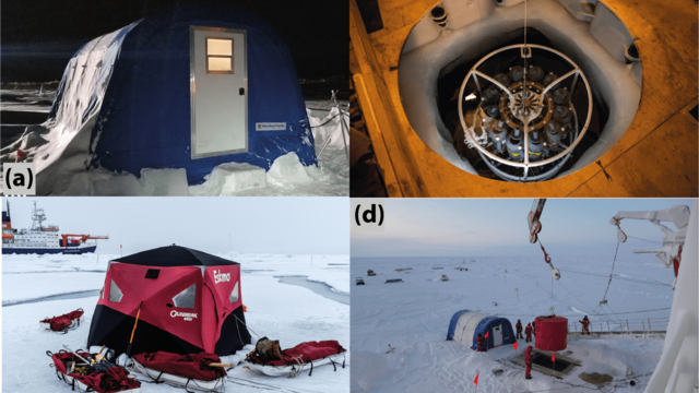 Pictures showing various instruments and installations used for ocean measurements during the expedition.