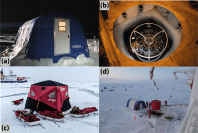 Pictures showing various instruments and installations used for ocean measurements during the expedition.