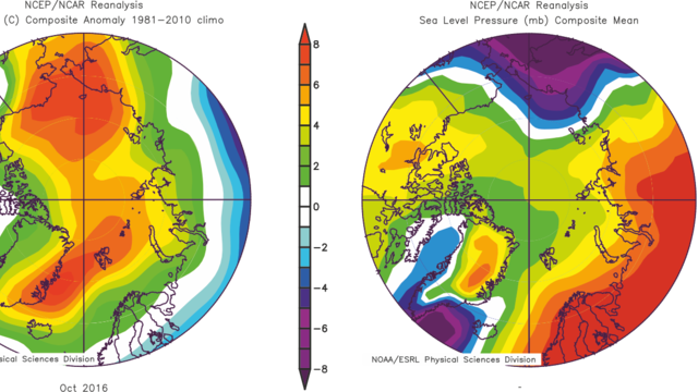 Temperaturanomalie in °C auf 925 hPa und Druck auf Meeresspiegelniveau in mb für Oktober 2016 im Vergleich zum Langzeitmittel 1981-2010 in der Arktis.