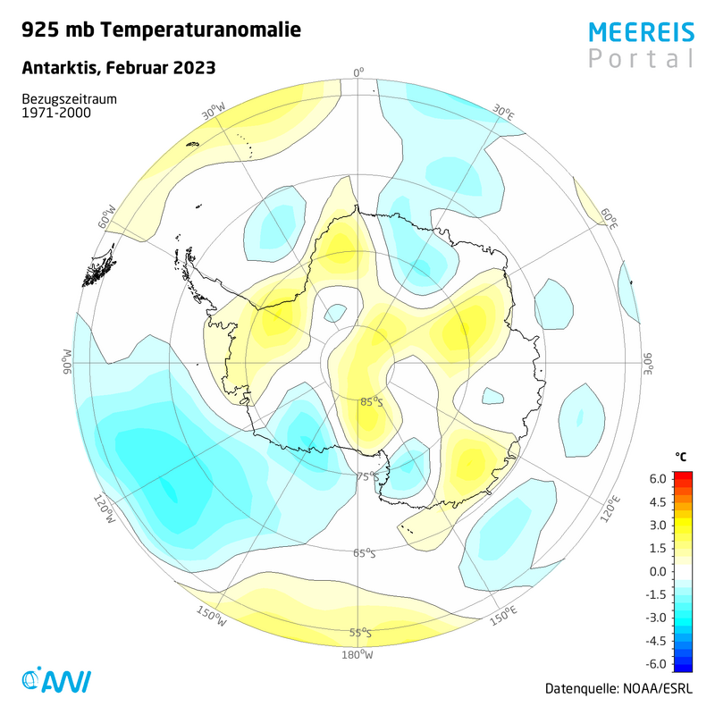 Anomalien der Lufttemperatur in der Antarktis im Februar 2023 im Vergleich zum Langzeitmittel 1971-2000.
