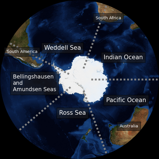 Bezeichnungen der Regionen des südlichen Ozeans und angrenzende Kontinente. 